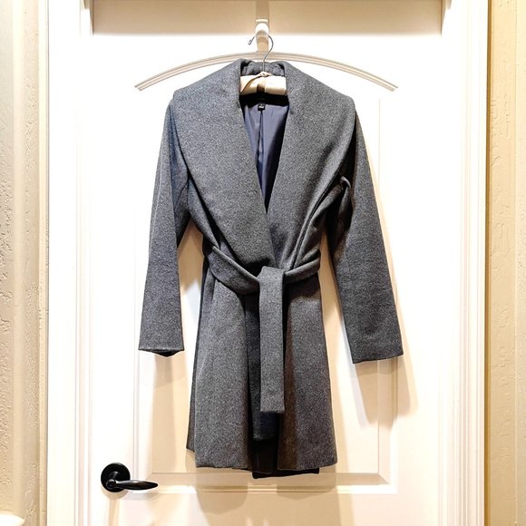 Ann Taylor Coat Factory Petite Small PS Gray Wool Blend Shawl Wrap Belted Coat - Picture 1 of 5